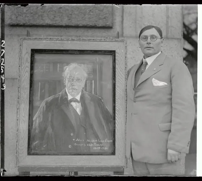 Framed Print : Ossip Perelma Standing Next to His Painting of Samuel Gompers Framed Print : Ossip Perelma Standing Next to His Painting of Samuel Gompers