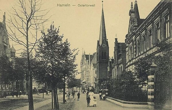 Ostertorwall in Hameln, Lower Saxony, Germany, postcard with text, view around ca 1910, historical, digital reproduction of a historical postcard, public domain, from that time, exact date unknown