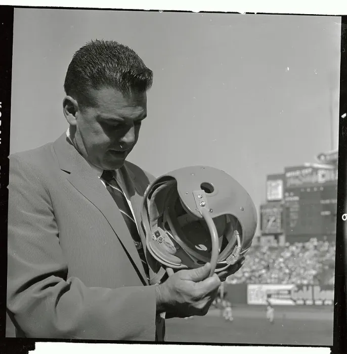Framed Print : Otto Graham Inspecting Electronic Helmet Framed Print : Otto Graham Inspecting Electronic Helmet