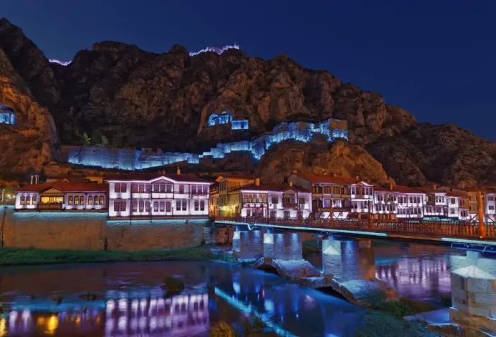 Framed Print : Ottoman houses on the Yesilirmak river and Castle Hill illuminated at night, Amasya, Black Sea Region, Turkey Framed Print : Ottoman houses on the Yesilirmak river and Castle Hill illuminated at night, Amasya, Black Sea Region, Turkey