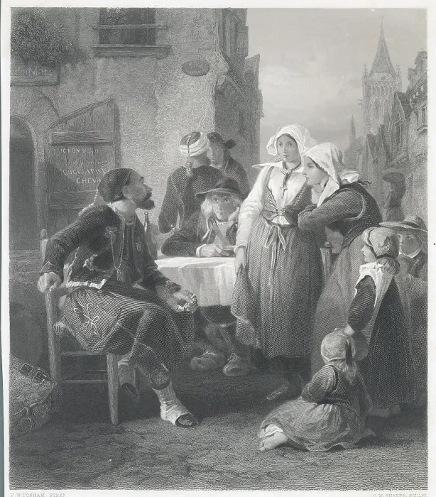 Framed Print : Outdoor Tavern with Man Telling of His Adventures to Listeners Framed Print : Outdoor Tavern with Man Telling of His Adventures to Listeners