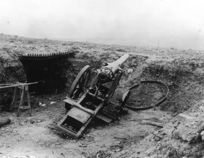 Framed Print : Outgunned. October 1913: A wrecked cannon after bombardment during the Balkan War Framed Print : Outgunned. October 1913: A wrecked cannon after bombardment during the Balkan War
