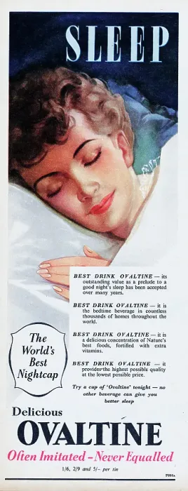 Framed Print : Ovaltine. 1956: Advertisement for the Ovaltine malt drink showing a woman sleeping in bed Framed Print : Ovaltine. 1956: Advertisement for the Ovaltine malt drink showing a woman sleeping in bed
