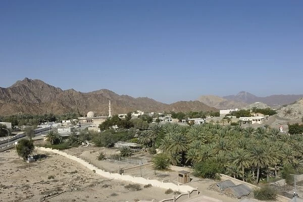 Overblick of the oasis and Arab enclave of Hatta with a mosque and palm trees, with the Hajar Mountains on the horizon, United Arab Emirates, Arabian Peninsula, Middle East, Asia