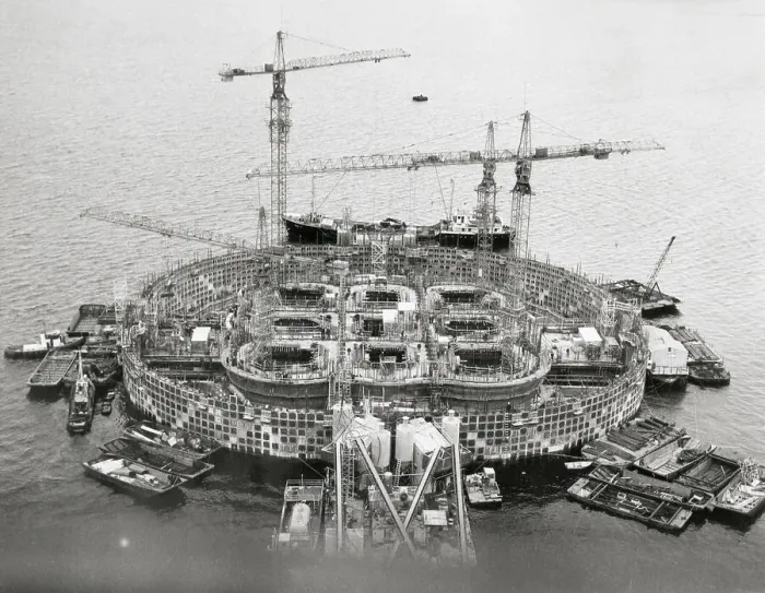 Framed Print : Overhead View of Oil Storage Construction at Sea Framed Print : Overhead View of Oil Storage Construction at Sea