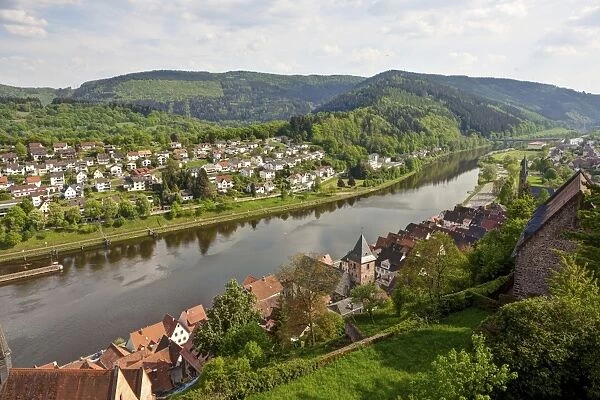Overlooking the historic town centre of Hirschhorn on the Neckar River, Neckartal-Odenwald Nature Reserve, Hesse, Germany, Europe, PublicGround