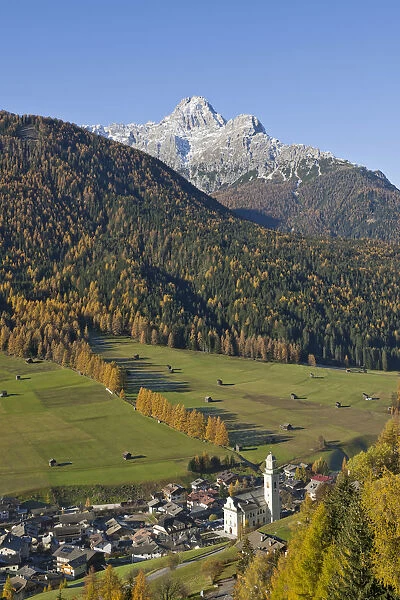 Overlooking the town of Sesto, Sexten, with Croda dei Baranci or Birkenkofel mountain, South Tyrol, Italy, Europe
