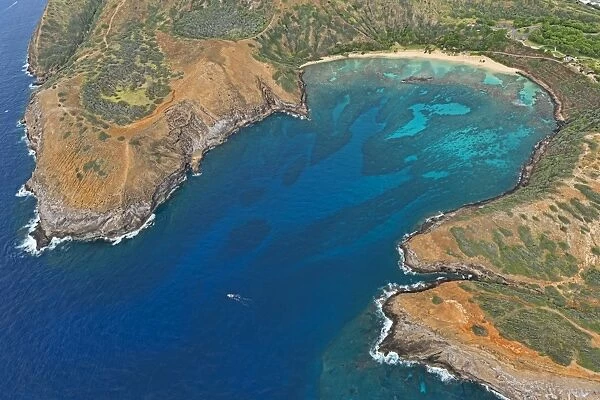 Overview of the empty Hanauma Bay, Oahu, Hawaii, United States