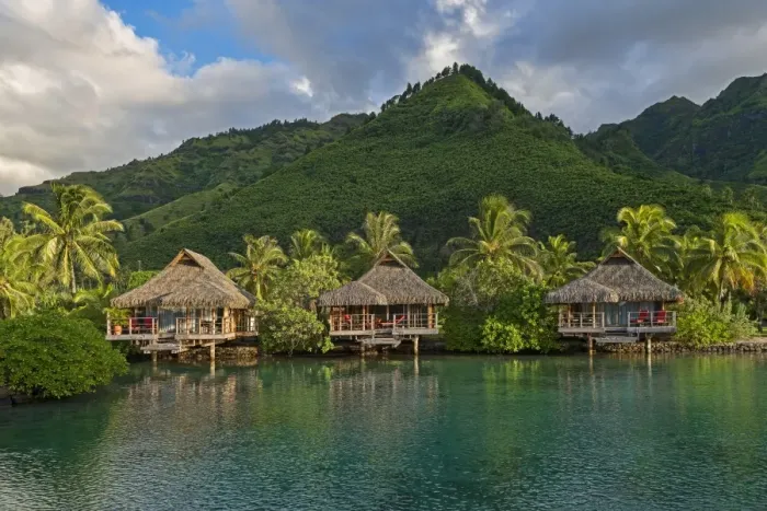 Framed Print : Overwater bungalows, evening atmosphere, Moorea, French Polynesia Framed Print : Overwater bungalows, evening atmosphere, Moorea, French Polynesia