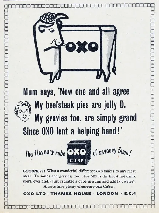 Framed Print : Oxo Cubes. 1956: Advertisement for Oxo stock cubes featuring the Oxo cow logo Framed Print : Oxo Cubes. 1956: Advertisement for Oxo stock cubes featuring the Oxo cow logo