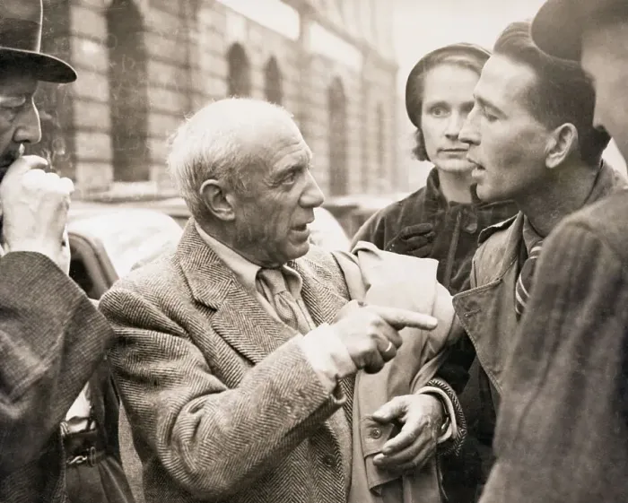 Framed Print : Pablo Picasso Talking to Newsmen Framed Print : Pablo Picasso Talking to Newsmen