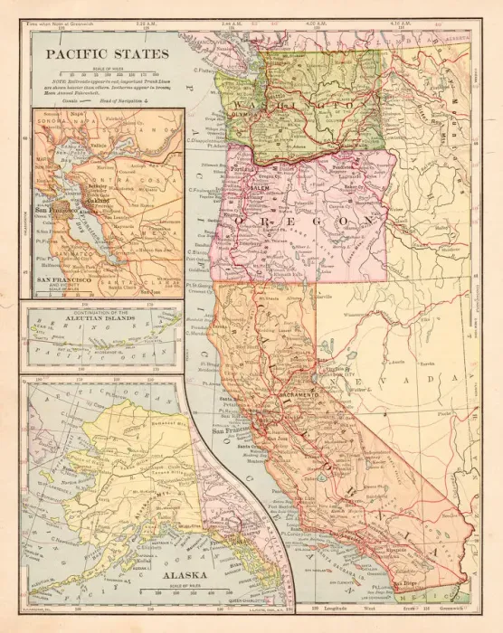 Framed Print : Pacific states map 1898 Framed Print : Pacific states map 1898