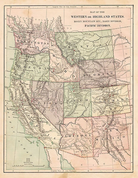Pacific States USA map 1881