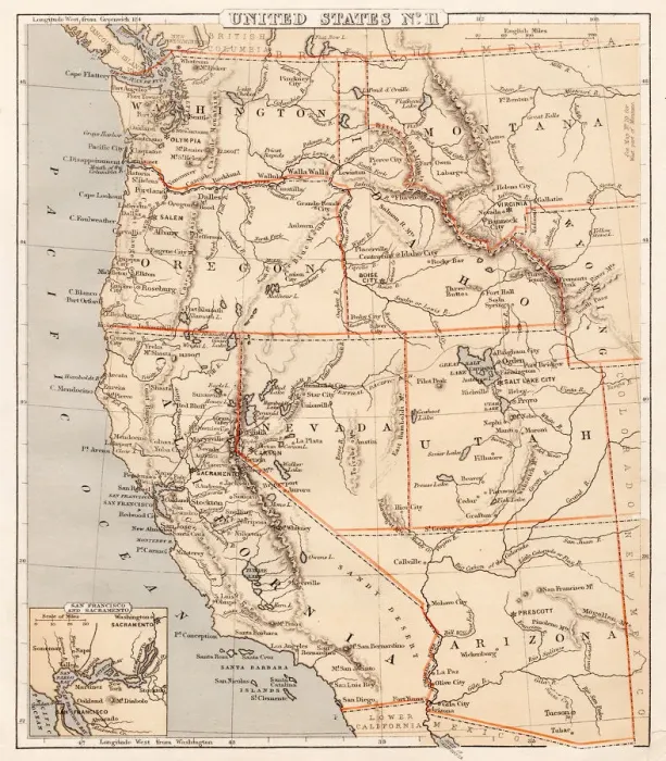 Framed Print : Pacific USA states map 1869 Framed Print : Pacific USA states map 1869