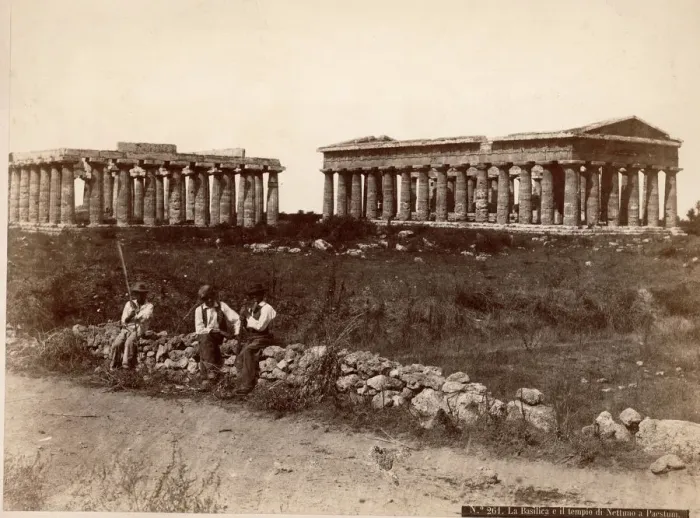 Framed Print : Paestum. The basilica (left) and Temple of Apollo at the ancient Graeco-Roman Framed Print : Paestum. The basilica (left) and Temple of Apollo at the ancient Graeco-Roman