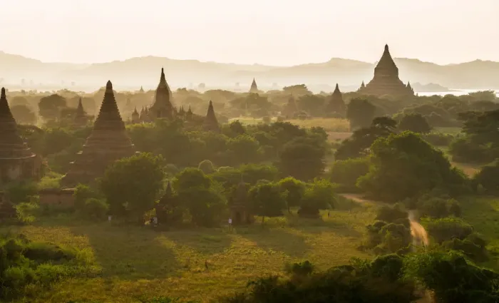 Framed Print : Pagoda in Bagan pagoda field orange sun light Framed Print : Pagoda in Bagan pagoda field orange sun light