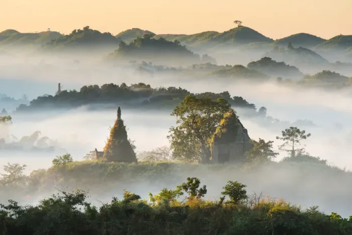 Framed Print : Pagodas and temples in the mist in Mrauk U, Myanmar. In the Morning time Framed Print : Pagodas and temples in the mist in Mrauk U, Myanmar. In the Morning time
