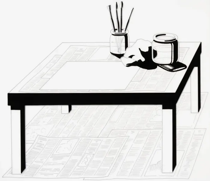 Framed Print : Paint brushes, jar, cloth and piece of paper on coffee table standing on newspapers spread below Framed Print : Paint brushes, jar, cloth and piece of paper on coffee table standing on newspapers spread below