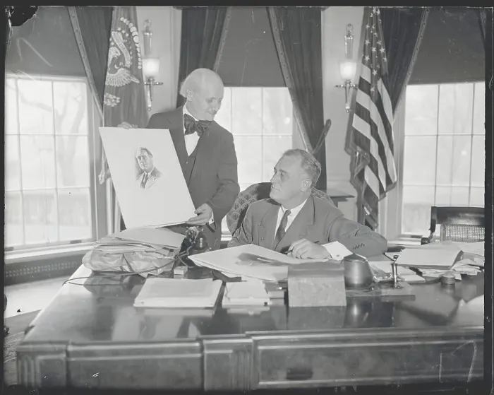 Framed Print : Painter Presenting Portrait to President Roosevelt Framed Print : Painter Presenting Portrait to President Roosevelt