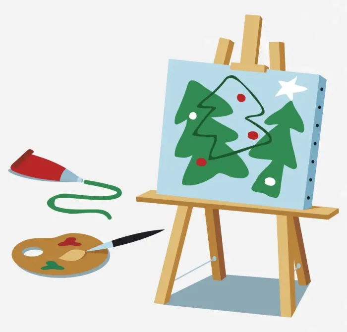 Framed Print : Painting of Christmas trees on an easel, palette, brush, tube of green paint in front Framed Print : Painting of Christmas trees on an easel, palette, brush, tube of green paint in front