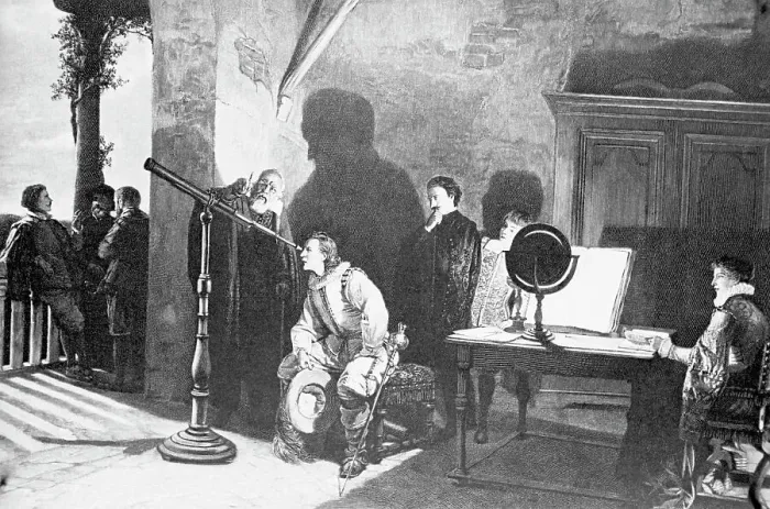 Framed Print : Painting of Galileo with Milton Looking Through a Telescope Framed Print : Painting of Galileo with Milton Looking Through a Telescope