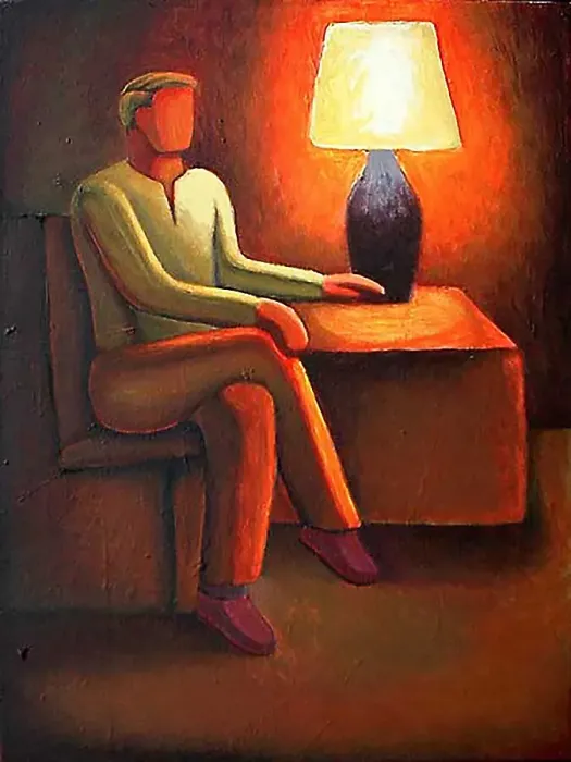 Framed Print : Painting of Man Sitting by Lamplight in Low Lighting Framed Print : Painting of Man Sitting by Lamplight in Low Lighting