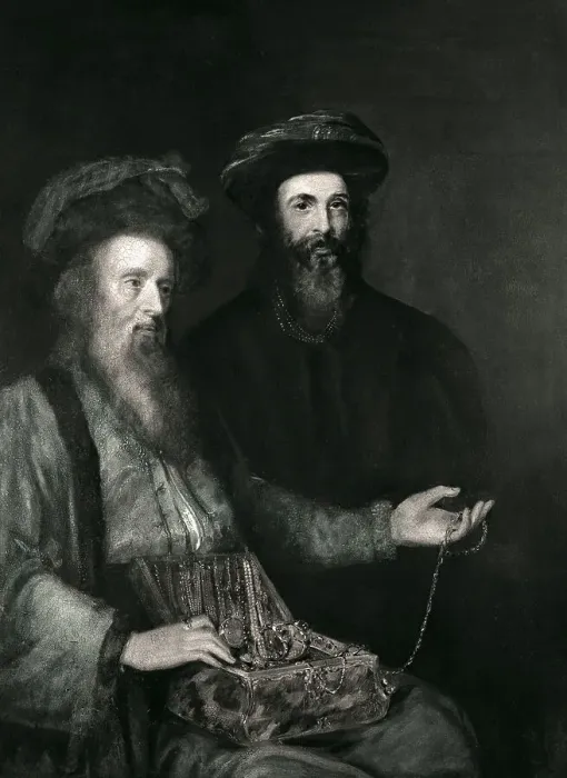 Framed Print : Painting Of Men W / Chest Of Jewels