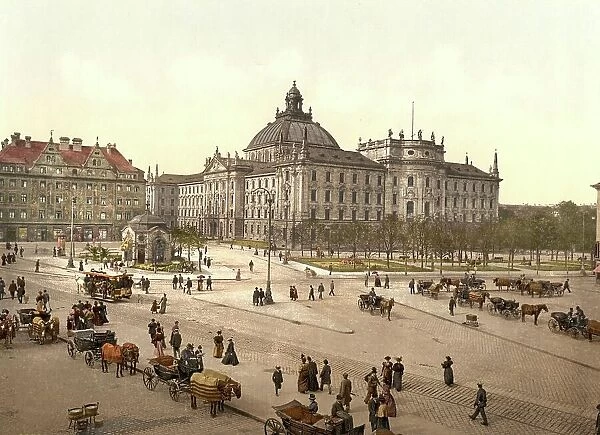 The Palace of Justice in Munich, Bavaria, Germany, Historic, digitally restored reproduction of a photochrome print from the 1890s