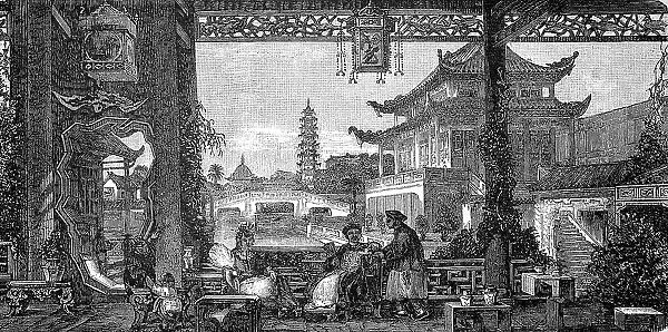 Palace of a Rich Chinese in Peking, China, in 1880, Historic, digital reproduction of an original 19th century painting