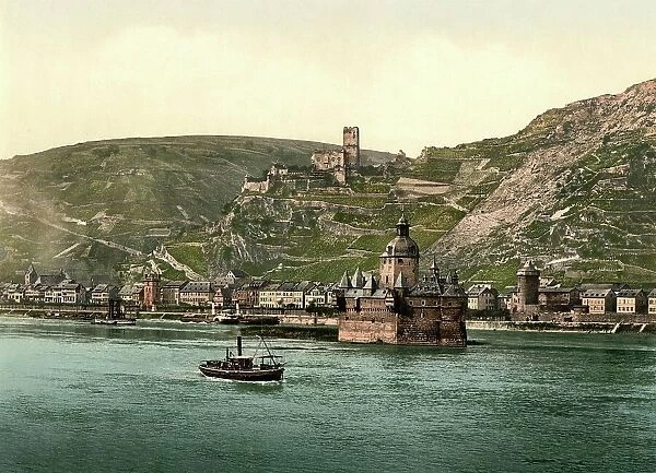 The Palatinate in the Rhine, Kaub, Rhineland-Palatinate, Germany, Historic, digitally restored reproduction of a photochrome print from the 1890s
