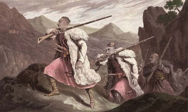 Palikars. 1830: Albanian palikars in pursuit of an enemy wear long-haired
