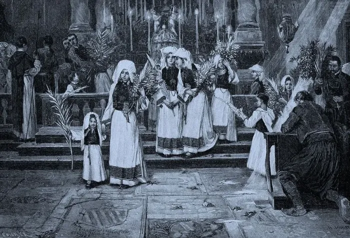 Framed Print : Palm Sunday in Ragusa, Italy, 1876, Historic, digital reproduction of an original 19th-century artwork, original date unknown Framed Print : Palm Sunday in Ragusa, Italy, 1876, Historic, digital reproduction of an original 19th-century artwork, original date unknown