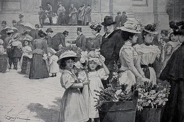 Palm Sunday in Vienna, Austria, selling consecrated palm branches in front of the church, 1898, Historic, digital reproduction of an original 19th century template, original date not known