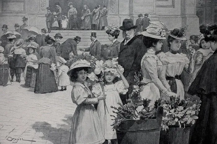 Framed Print : Palm Sunday in Vienna, Austria, selling consecrated palm branches in front of the church, 1898, Historic, digital reproduction of an original 19th century template, original date not known Framed Print : Palm Sunday in Vienna, Austria, selling consecrated palm branches in front of the church, 1898, Historic, digital reproduction of an original 19th century template, original date not known