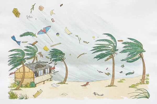 Palm trees on beach blowing in hurricane wind, deck chairs, umbrella, ball and blankets flying high up in the air, roof tiles flying off beach hut with smashed glass windows