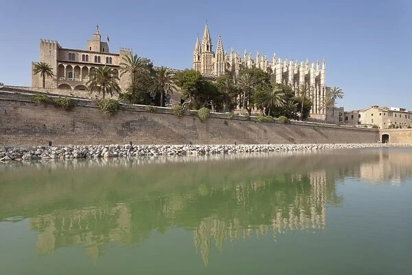 Palma Cathedral at the marine park Parc de la Mar, Palma de Majorca, Majorca, Balearic Islands, Spain