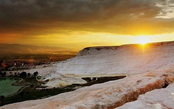 Pamukkale scenery at sunset, natural site in Denizli Province in southwestern Turkey