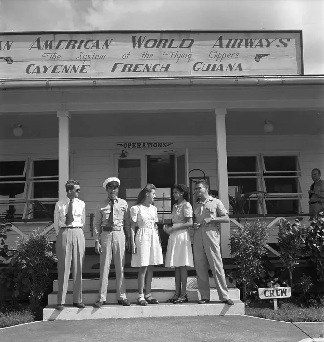 Framed Print : Pan Am. CAYENNE, FRENCH GUIANA - CIRCA 1947: A Pan American Airways flight