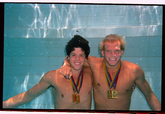 Framed Print : Pan American Games Gold Medalists Posing Arm in Arm Inside Swimming Pool Framed Print : Pan American Games Gold Medalists Posing Arm in Arm Inside Swimming Pool
