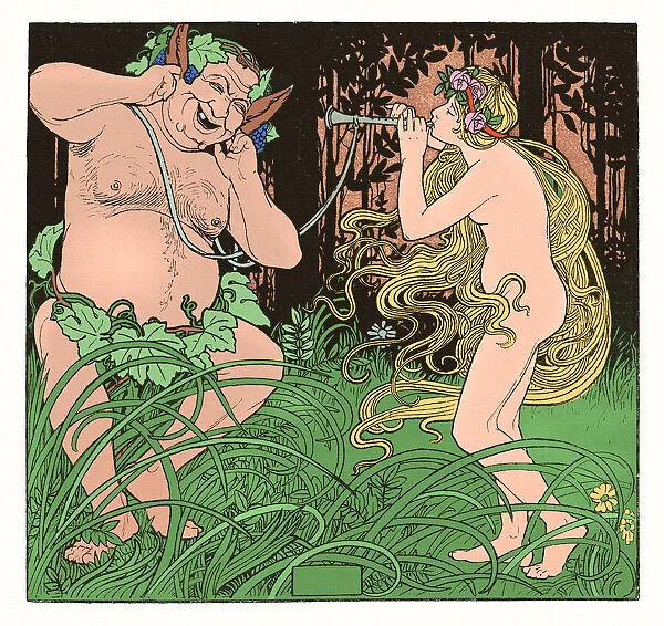 Pan playing flute with Dionysus in nature drawing art nouveau 1897