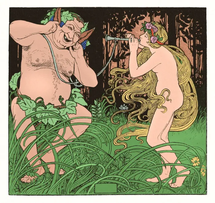 Framed Print : Pan playing flute with Dionysus in nature drawing art nouveau 1897 Framed Print : Pan playing flute with Dionysus in nature drawing art nouveau 1897