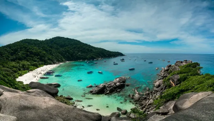 Framed Print : Panorama of beautiful viewpoint tropical beach on Similan islands in Andaman sea at Phang Framed Print : Panorama of beautiful viewpoint tropical beach on Similan islands in Andaman sea at Phang