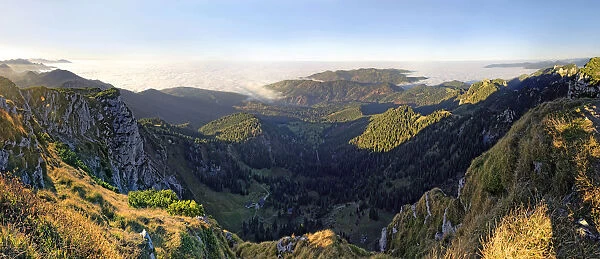 Panorama from the Benediktenwand ridge to the Tutzinger hut and Alpine foreland country in fog, from Benediktbeuern, Upper Bavaria, Bavaria, Germany