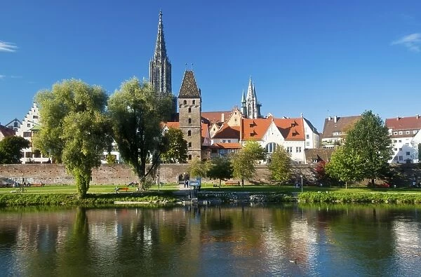 Panorama across the Danube River towards Ulm with Ulm Minster and Metzgerturm, Butchers Tower, Baden-Wuerttemberg, Germany, Europe, PublicGround