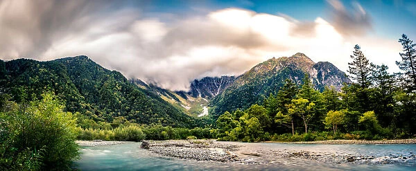 panorama of Kamikochi landscapes in Japan at sunset