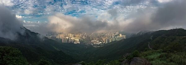 Panorama of Kowloon peninsular cover with low cloud