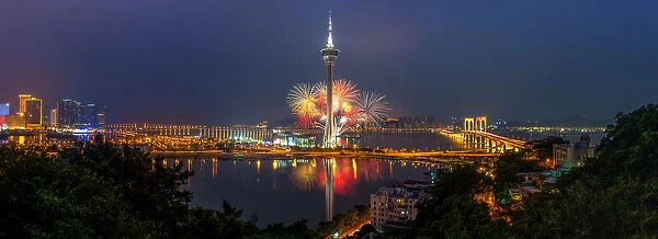 Panorama of macau city with fireworks display