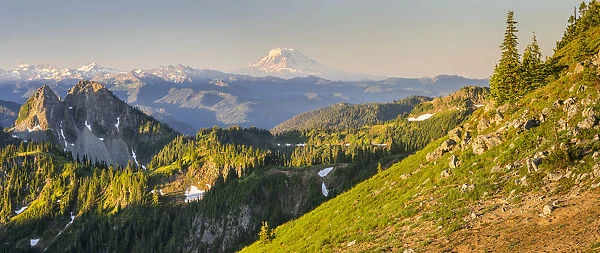 Panorama of Mt. Adams, Goat Rocks and Double Peak seen from Tamanos Mountain at Mt. Rainier National Park, Washington State, USA