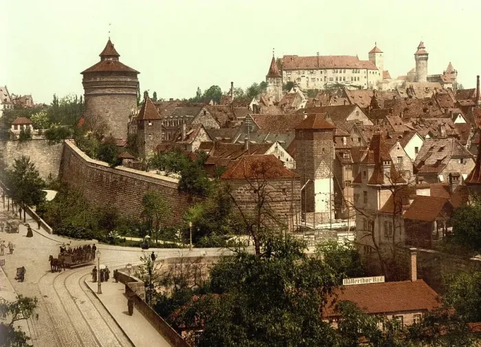 Framed Print : Panorama seen from Hallertor, Nuremberg, Bavaria, Germany, Historic, digitally restored reproduction of a photochromic print from the 1890s Framed Print : Panorama seen from Hallertor, Nuremberg, Bavaria, Germany, Historic, digitally restored reproduction of a photochromic print from the 1890s