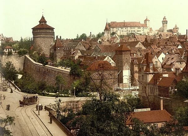 Panorama seen from Hallertor, Nuremberg, Bavaria, Germany, Historic, digitally restored reproduction of a photochromic print from the 1890s